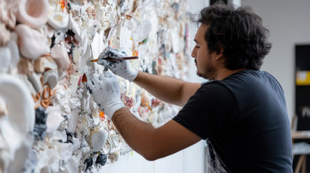 A man is painting a wall with a brush. The wall is covered in various colors and textures, and the man is adding more color to it. The painting seems to be a work of art, and the man is the artistの素材