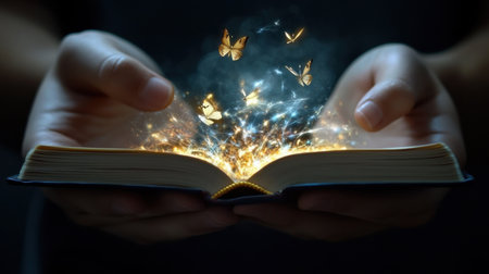 A person is holding an open book with butterflies flying out of it. The scene is magical and whimsical, with the butterflies appearing to come to life from the pages of the bookの素材