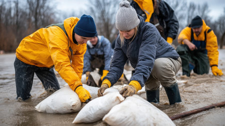 A group of people are working together to move bags of sand through the water. Scene is one of teamwork and cooperation as the group works together to accomplish their taskの素材