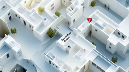 A white building with a red sign that says "Wi-Fi Route". The building is surrounded by trees and has a lot of windowsの素材