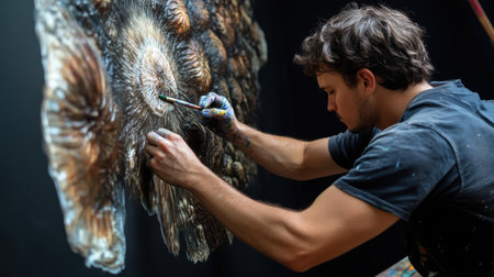 A man is painting a mural on a wall. The mural is of a flower with a man painting it. The man is using a brush to paint the flower. The painting is colorful and vibrantの素材