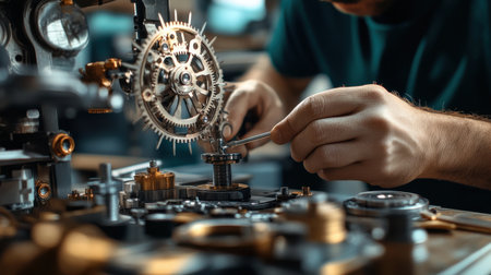 A man is working on a clock with a lot of gears. The clock is old and has a lot of parts. The man is focused on fixing the clock and making it work againの素材