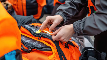 A person is fixing a backpack with a yellow tag. The backpack is orange and the person is wearing an orange shirtの素材