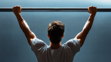 A man is doing pull ups on a bar. Concept of determination and strength as the man works hard to complete his exerciseの素材
