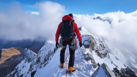 A man in a red jacket and black pants is standing on a snowy mountain peak. He is wearing a backpack and has a yellow climbing boot on. Concept of adventure and excitementの素材