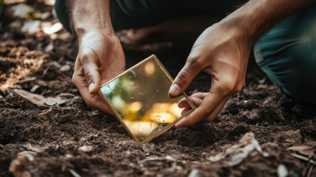 A person is holding a small square object in their hand. The object is made of glass and he is a mirror. The person is standing in a field, surrounded by dirt and grassの素材