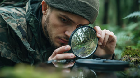 A man is looking through a magnifying glass at a leaf. Concept of curiosity and exploration, as the man is examining the leaf in detailの素材