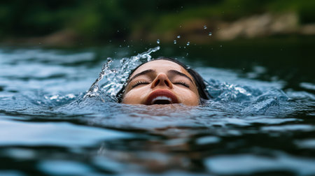 A woman is swimming in the water with her face showing. The water is calm and clear. The woman is enjoying herself and is fully immersed in the waterの素材