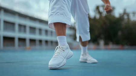 A person in white pants and white shoes is standing on a blue court. The person is wearing white socks and has a fist clenched in the airの素材