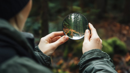 A person is holding a camera lens up to their eye, looking through it. Concept of curiosity and exploration, as the person is trying to capture the world around them in a new wayの素材
