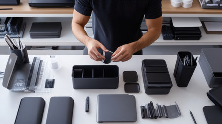 A man is working on a project with various items on a table. Scene is focused and determined as the man carefully handles the itemsの素材