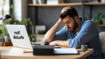 A man is sitting at a desk with a laptop and a cup of coffee. He is looking at the laptop screen and he is in a state of distress. The laptop screen has the words "not disturb" written on itの素材