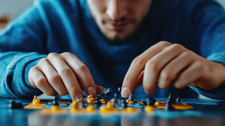 A man is playing a game of chess with a blue sweater on. He is focused on the game and has his hands on the boardの素材