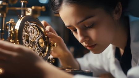 A woman is looking at a clock with a lot of gears. She is wearing a white lab coatの素材
