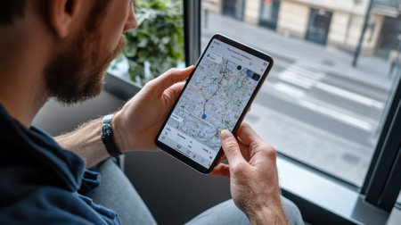 A man is looking at a map on his tablet. He is sitting in a chair and he is focused on the mapの素材