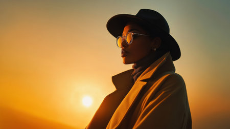 A woman wearing a hat and glasses stands in front of a sunset. Concept of calm and serenity, as the woman is enjoying the beauty of the sunsetの素材