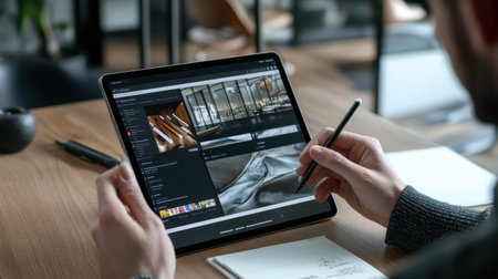 A man is using a tablet to draw on a screen. He is using a pen to draw on the tabletの素材