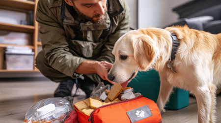 A man is feeding a dog from a red bag. The dog is looking at the man with its mouth openの素材