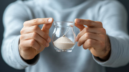 A person is holding a glass jar filled with white sand. The jar is placed in the person's hand, and the person is wearing a gray shirt. Concept of curiosity and wonderの素材