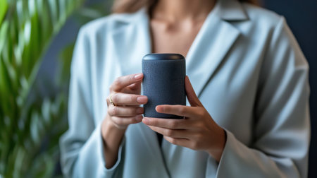 A woman is holding a cup in her hand. She is wearing a blue jacket and has a ring on her fingerの素材