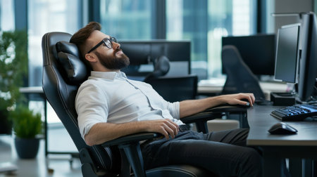 A man is sitting in a chair with a computer monitor in front of him. He is smiling and he is relaxedの素材