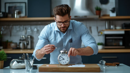A man is fixing a clock in a kitchen. The clock is set to the time of 10:00の素材