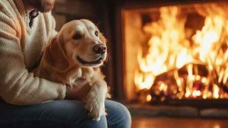 A man is sitting on the floor with his dog in his lap. The dog is looking at the camera with a smile on its face. The room has a fireplace, and the fire is burning brightly. The scene is cozy and warmの素材