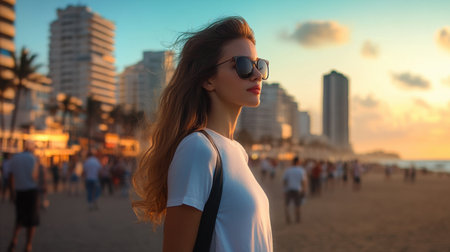 A woman wearing sunglasses and a white shirt stands on a beach with a crowd of people around herの素材