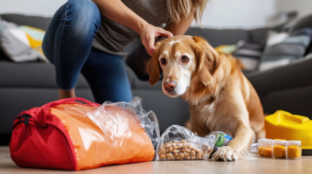 A woman is sitting on the floor with her dog, petting it while a bag of dog food is next to them. The dog is laying down on the floor, and the woman is looking at it with a smile on her faceの素材