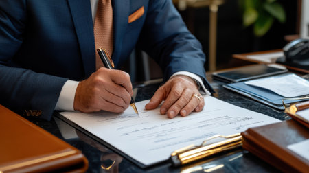 A man in a suit is writing on a piece of paper. He is using a pen and is wearing a tie. Concept of formality and professionalismの素材