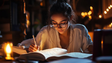 A woman is writing in a book with a candle in the background. She is wearing glasses and she is focused on her writing. The candle adds a warm and cozy atmosphere to the sceneの素材