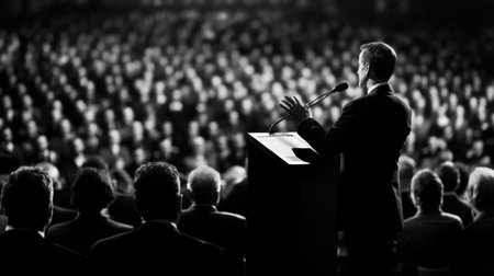A man stands at a podium in front of a large crowd. He is giving a speech. The audience is attentive and listening to himの素材