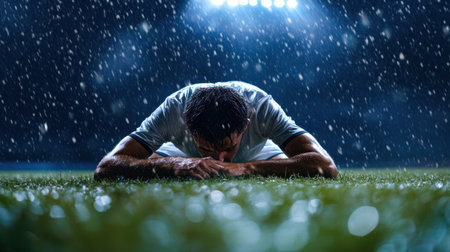 A man is crying on a wet field. Concept of sadness and despairの素材