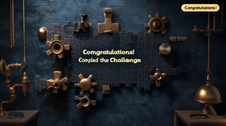 A puzzle with a congratulatory message on it. The puzzle is made up of various pieces, including gears and other mechanical partsの素材