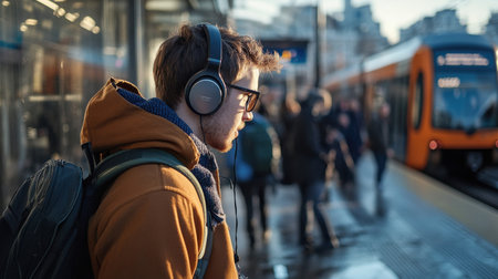 A man wearing headphones and a backpack stands on a train platform. There are several other people around him, some of whom are carrying backpacks and handbags. The scene is bustling and busyの素材