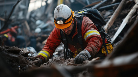 A man in a red and yellow fireman's outfit is digging through rubble. The scene is dark and gloomy, with debris and rubble everywhere. The man is wearing a hard hat and a helmetの素材