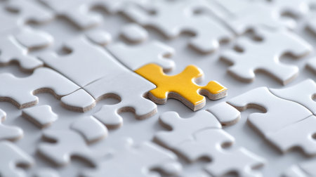 A yellow piece of a puzzle is missing from a white puzzle. The yellow piece is the only one missing, and it stands out against the white background. Concept of completion and orderの素材