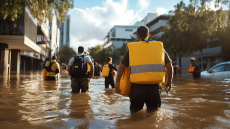 A man in a yellow life jacket is walking through a flooded street. The scene is chaotic and disorganized, with many people and backpacks scattered throughout the waterの素材