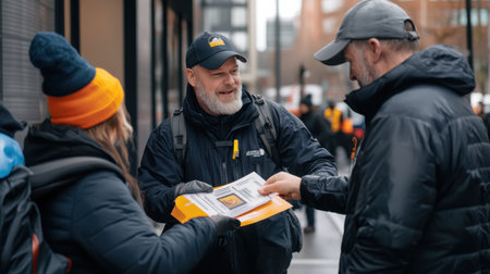 Three people are standing on a sidewalk, one of whom is handing a piece of paper to another. The man handing the paper is wearing a black jacket and a hatの素材