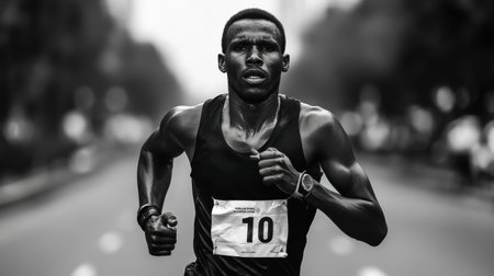 A man running with a number 10 on his shirt. The image is in black and white. The man is running on a road with trees in the backgroundの素材