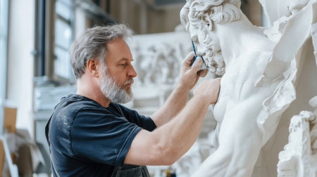 A man is painting a statue of a man. The statue is white and the man is wearing a black shirtの素材