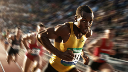 A man in a yellow shirt is running in a race. The other runners are behind him. Concept of competition and determinationの素材