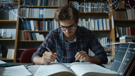 A man is sitting at a desk with a book open in front of him. He is wearing glasses and has a beard. The book is open to a page with a lot of writing on itの素材