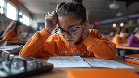 A girl in an orange shirt is sitting at a desk with a calculator and a piece of paper. She is looking at the paper and she is concentratingの素材