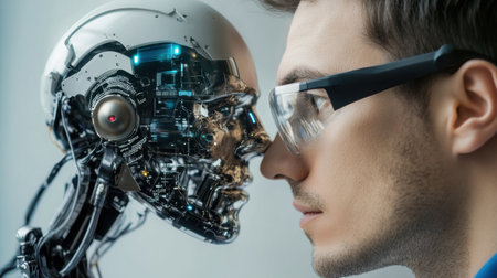 A man wearing glasses looks at a robot. The robot is made of metal and has a human face. The man is looking at the robot with curiosityの素材