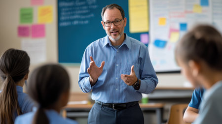 A teacher is giving a lesson to a group of students. The students are sitting in a classroom and listening to the teacher. The teacher is wearing a blue shirt and glassesの素材