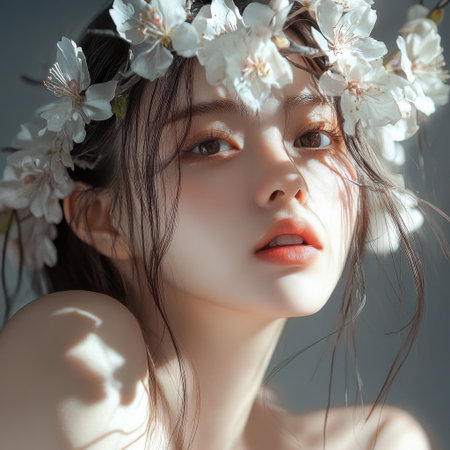 A woman with a flower crown on her head. She has a red lipstick on. The image has a light and cheerful moodの素材