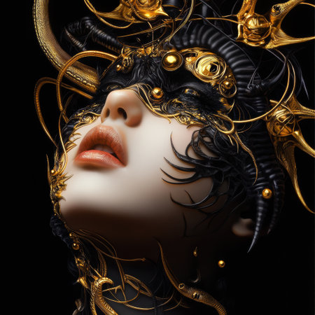 A woman with gold face paint and a gold mask. The woman has a gold nose and lipsの素材