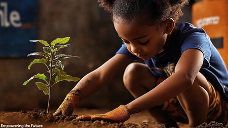 A young girl is planting a tree in the dirt. Concept of hope and growth, as the girl is nurturing a new lifeの素材