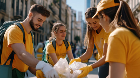 A group of people in yellow shirts are working together to clean up a street. They are wearing gloves and backpacksの素材